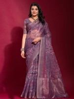 Purple Linen Silk Digital Print Saree